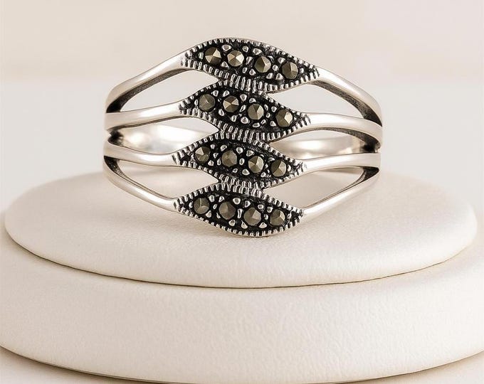 Vintage Style Sterling Silver Ring with Marcasite Accents Art Deco Statement Jewelry