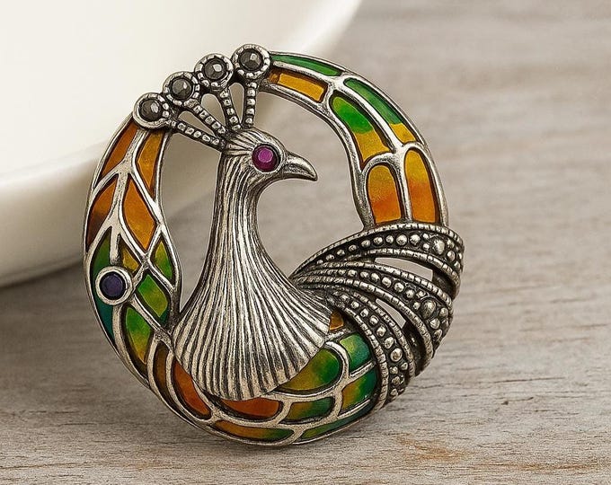 Art Nouveau Inspired Enamel Plique a Jour Ruby and Marcasite Peacock Pendant Brooch 925 Sterling Silver