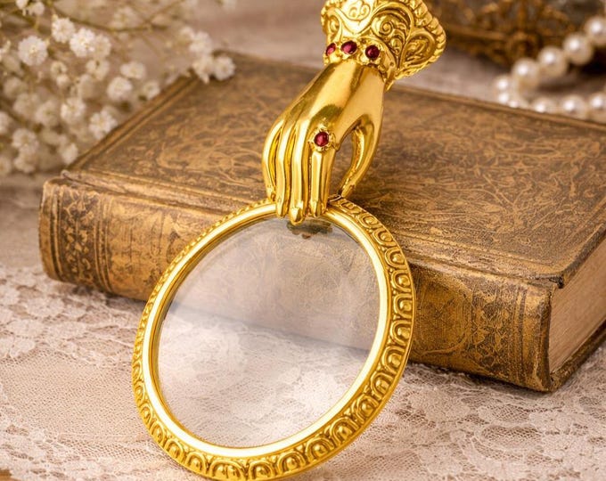 Antique Nouveau Inspired Collectable Ruby Hand Magnifying Glass Gold Plate
