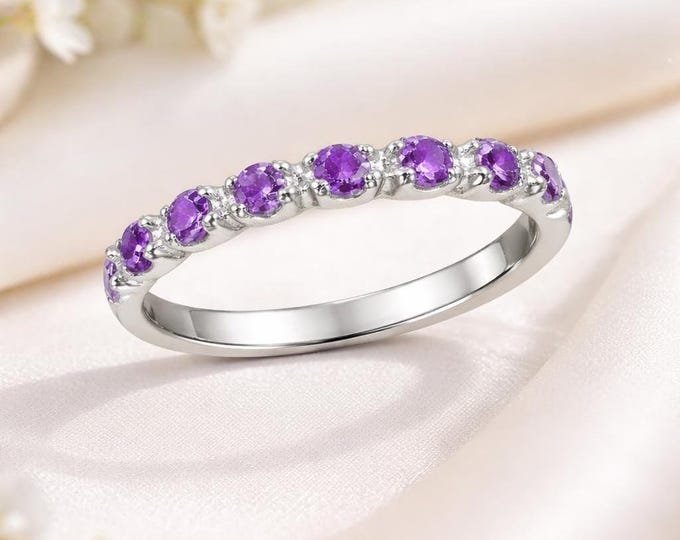 Genuine Amethyst Half Eternity Ring in 925 Sterling Silver February Birthstone Band Purple Gemstone Ring