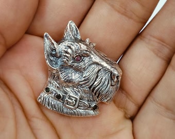 Edwardian Scottish Terrier Pin Brooch, Ruby Eye, 925 Sterling Silver