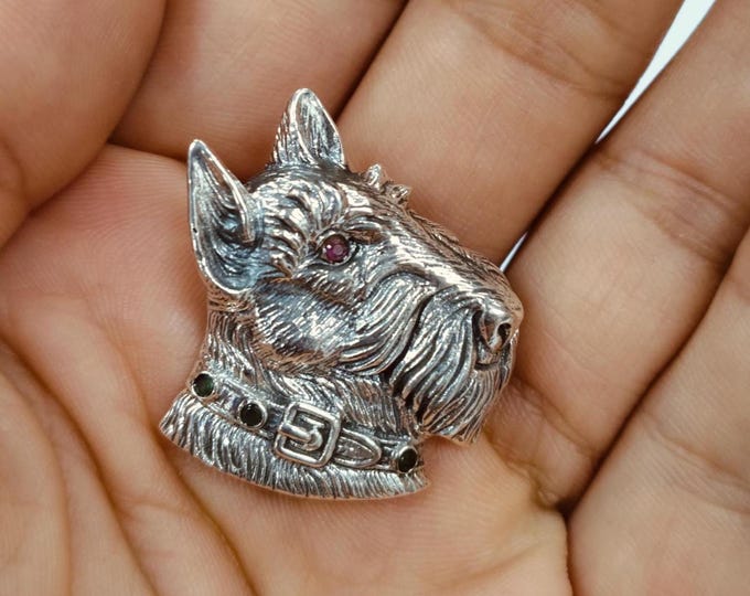 Edwardian Style Scottish Terrier Dog with Ruby Eye Pendant and Pin Brooch 925 Sterling Silver