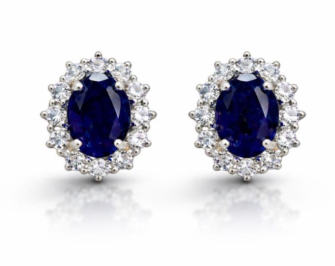 Oval Blue Sapphire Stud Earrings, CZ Halo, 925 Sterling Silver