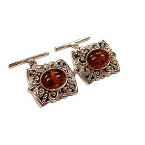 Antique Style Honey Amber 925 Sterling Silver Cuff Links Mens Gift