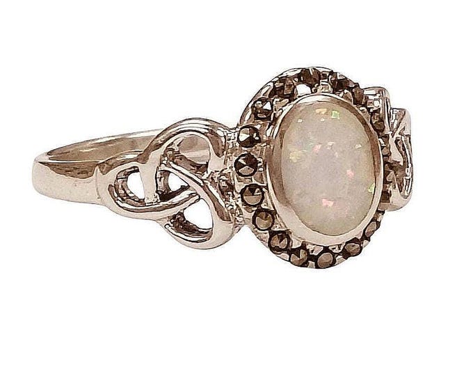Art Deco Inspired White Gilson Opal and Marcasite Ring 925 Sterling Silver