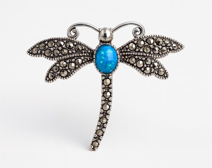 Antique Style Gilson Opal Marcasite Dragonfly Brooch 925 Sterling Silver Hallmarked