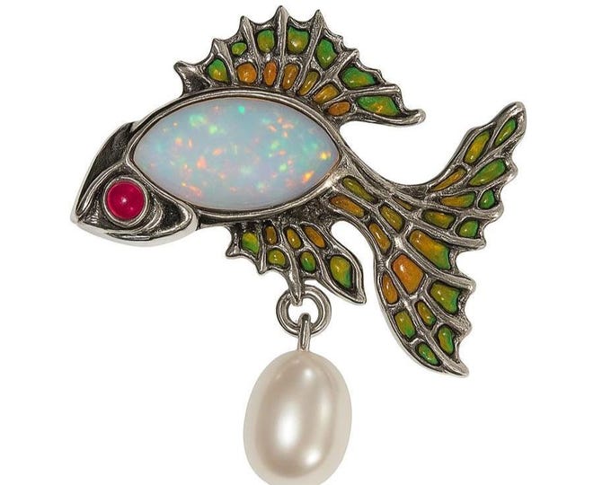 Art Nouveau Inspired Enamel Plique a Jour Fish Brooch with Opal Body, Ruby Eye & Pearl Drop 925 Sterling Silver Enamel Statement Jewelry