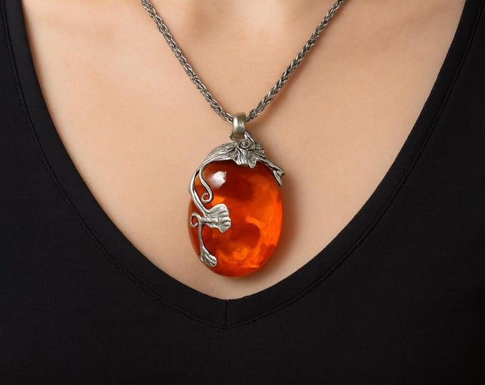 Art Nouveau Inspired Honey Amber Floral Leaf Pendant 925 Sterling Silver