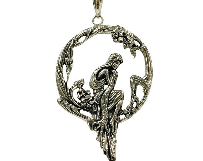 Art Nouveau Inspired Sitting Lady Pendant 925 Sterling Silver