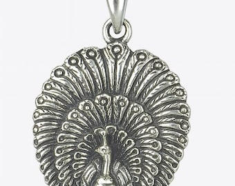 Sterling Silver Peacock Pendant with Malachite and Mother of Pearl