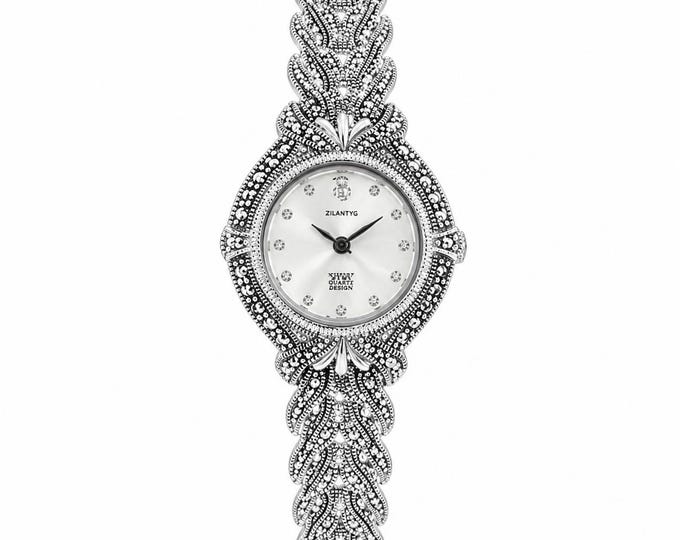 Vintage Marcasite Sterling Silver Bracelet Watch, Elegant Women’s Dress Watch