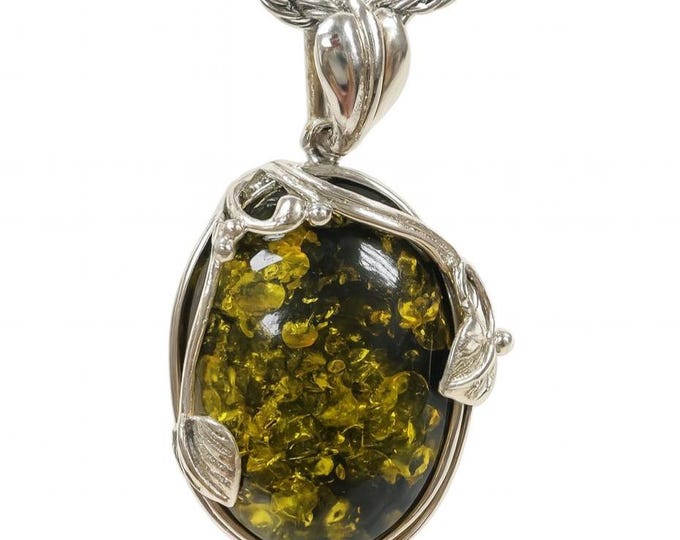 Art Nouveau Inspired Green Amber Leaf Pendant 925 Sterling Silver