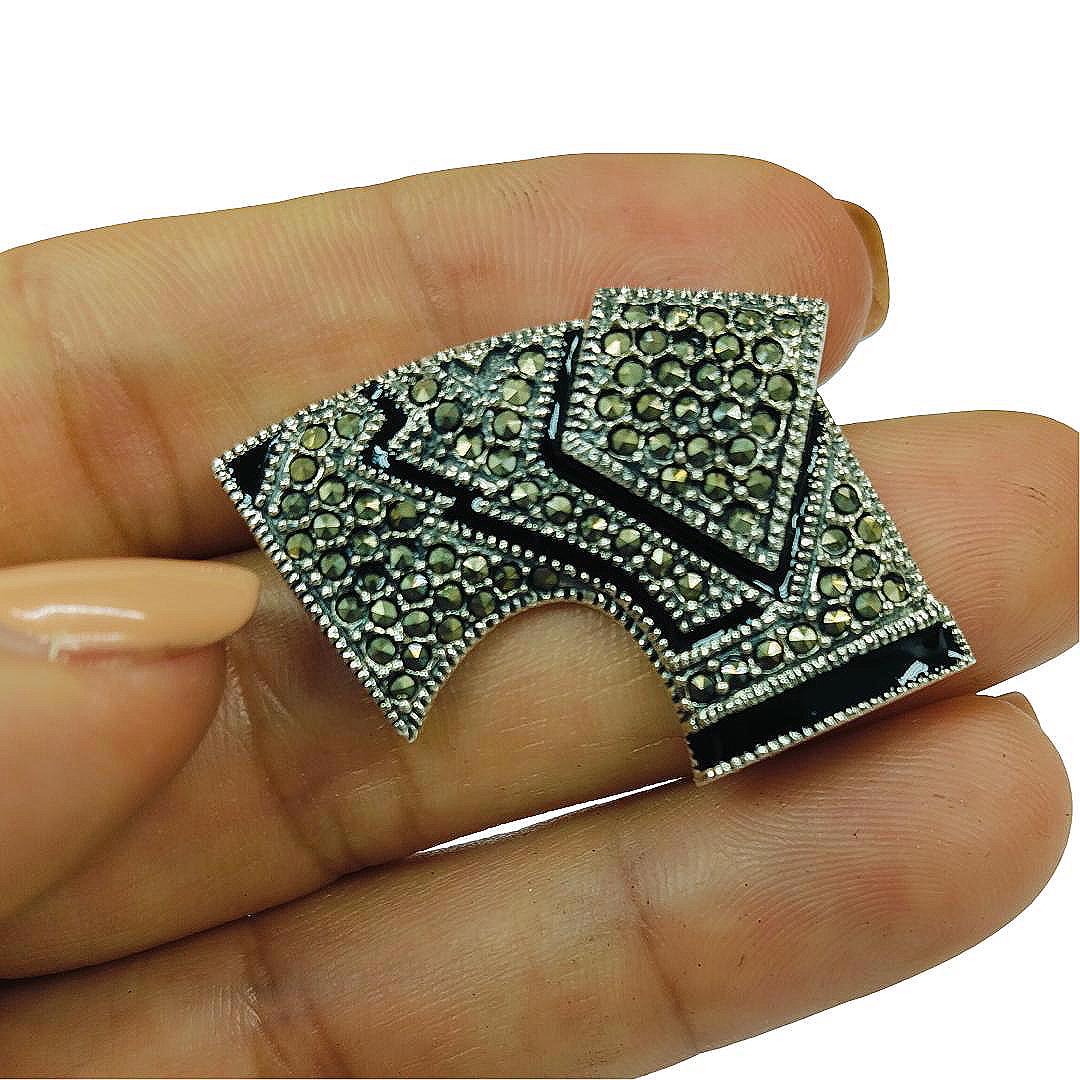 アールデコ調オニキスマーカサイトブローチ 925スターリングシルバー