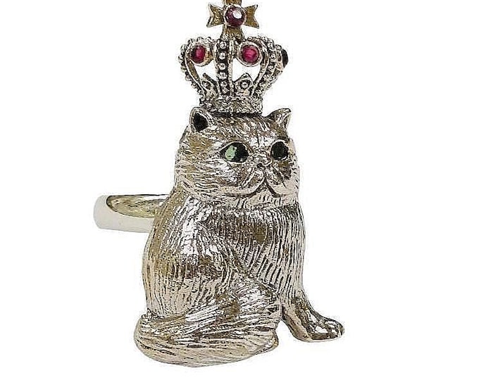 Antique Inspired Emerald and Ruby Royal Cat Ring 925 Sterling Silver Hallmarked