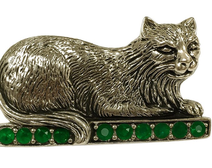 Sterling Silver Cat Brooch with Emerald Accents Vintage Style Cat Jewelry for Animal Lovers