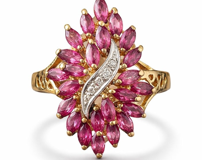 Diamond Pink Sapphire Flower Cocktail Ring 14K Gold