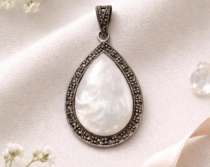 Art Deco Inspired Mother of Pearl, Coral, Turquoise and Marcasite Pendant 925 Sterling Silver