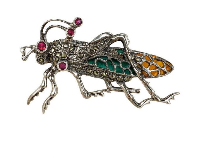 Antique Style Insect Brooch Sterling Silver Plique-à-Jour Enamel with Marcasite and Ruby Accents, Vintage Art Nouveau Jewelry Pin