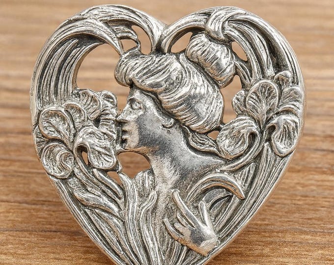 Art Nouveau Heart Brooch 925 Sterling Silver Lady and Iris Flower Pin Vintage Style Romantic Jewelry Gift for Her