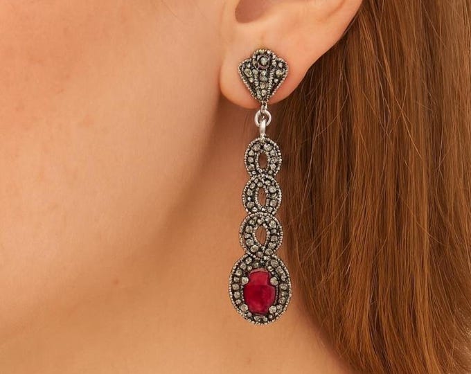Art Deco Inspired Ruby, Sapphire and Marcasite 925 Sterling Silver Earrings