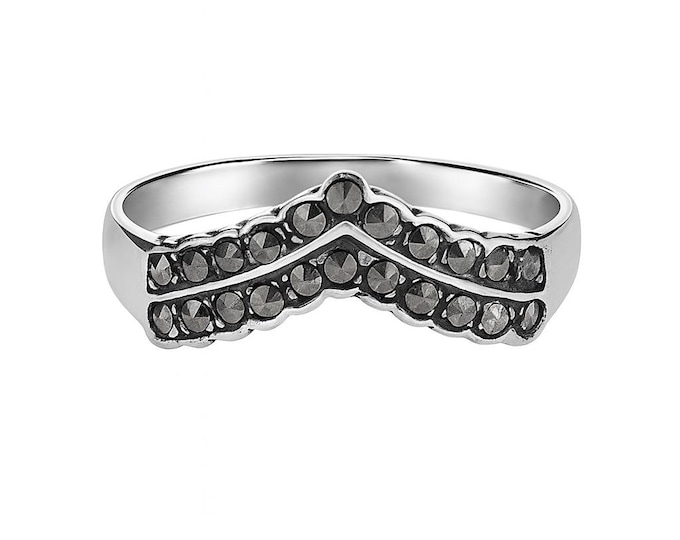 Vintage Style Sterling Silver Marcasite Ring Antique Inspired Statement Jewelry, Dainty Silver Band for Women