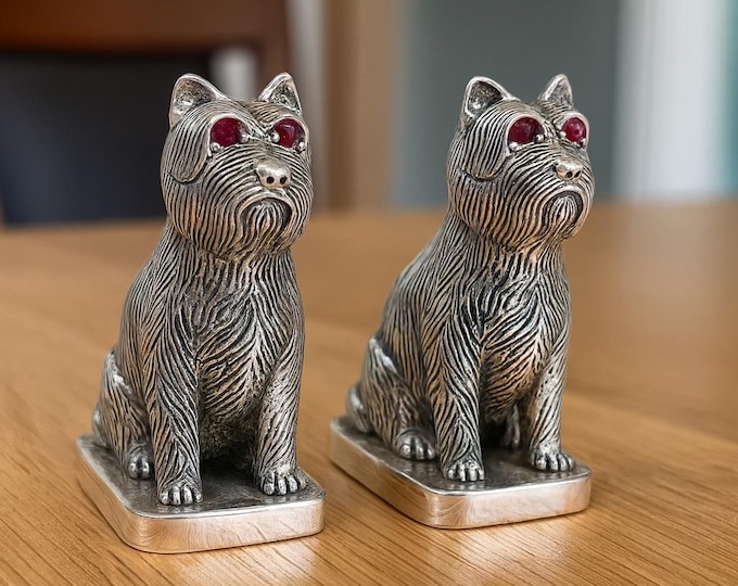 Antique Style Dog Ruby Eyes Salt and Pepper Shakers 925 Sterling Silver Plate