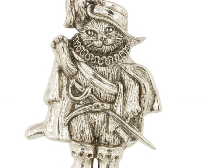 Vintage Sterling Silver Puss in Boots Cat Brooch Detailed Musketeer Cat Pin with Sword & Feather Hat Collectible Storybook Jewelry Gift