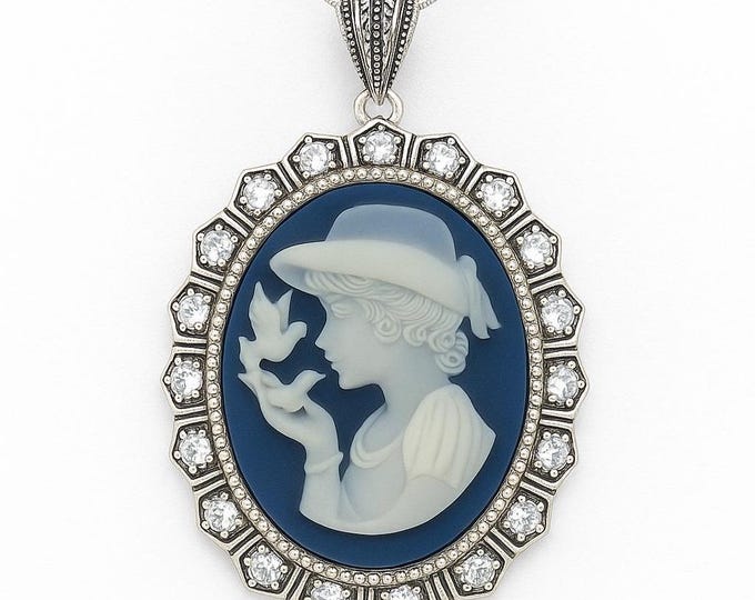 Vintage Style Silver Plated Cameo Pendant Necklace Oval Lady Profile with Marcasite and CZ Accents Victorian Inspired Statement Jewelry