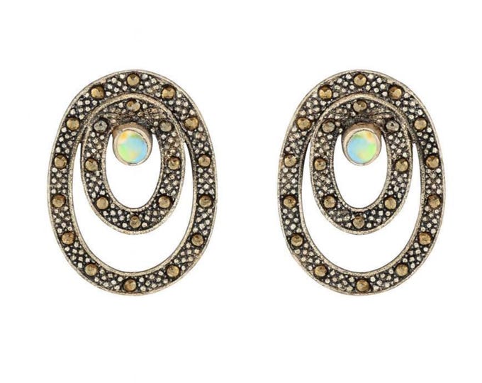 Art Deco Inspired White Gilson Opal and Marcasite 925 Sterling Silver Earrings