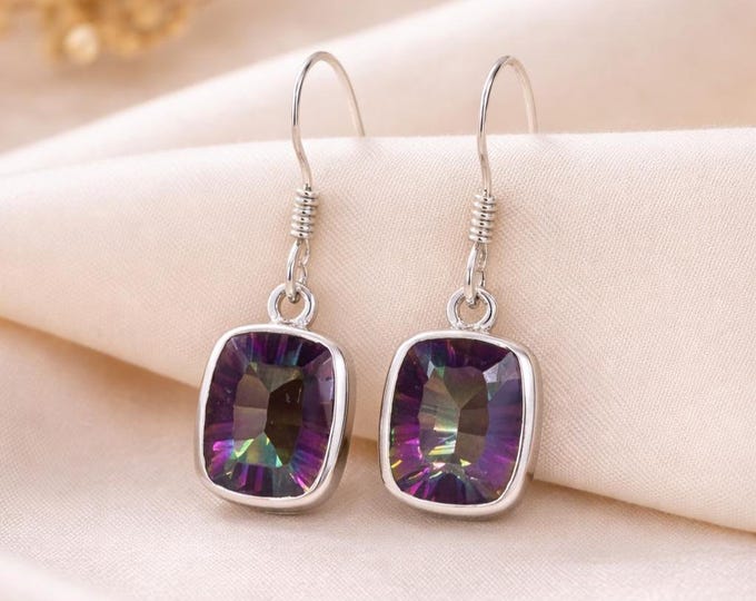 925 Sterling Silver Mystic Topaz Earrings Cushion Cut Rainbow Gemstone Drop Earrings