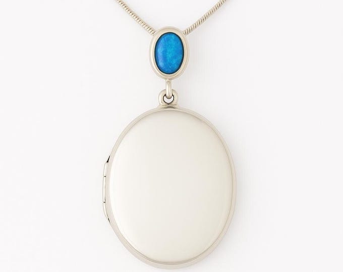 Sterling Silver Blue Opal Locket Necklace, Vintage Oval Keepsake