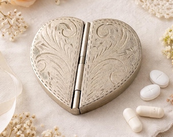 Vintage Style Sterling Silver Heart Pill Box, Keepsake Trinket Holder