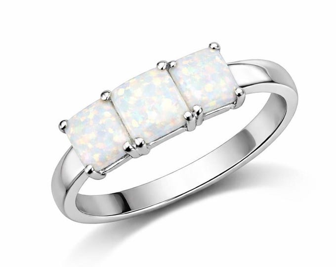 White Gilson Opal Trilogy Ring, 925 Sterling Silver Opal Band, Minimalist Opal Ring, October Birthstone Ring, Vintage Inspired Jewelry