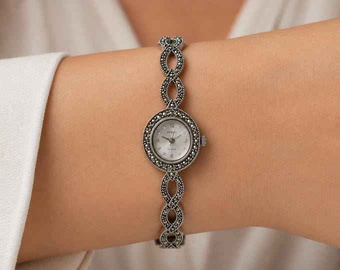 Vintage Marcasite Sterling Silver Bracelet Watch, Elegant Women’s Dress Watch