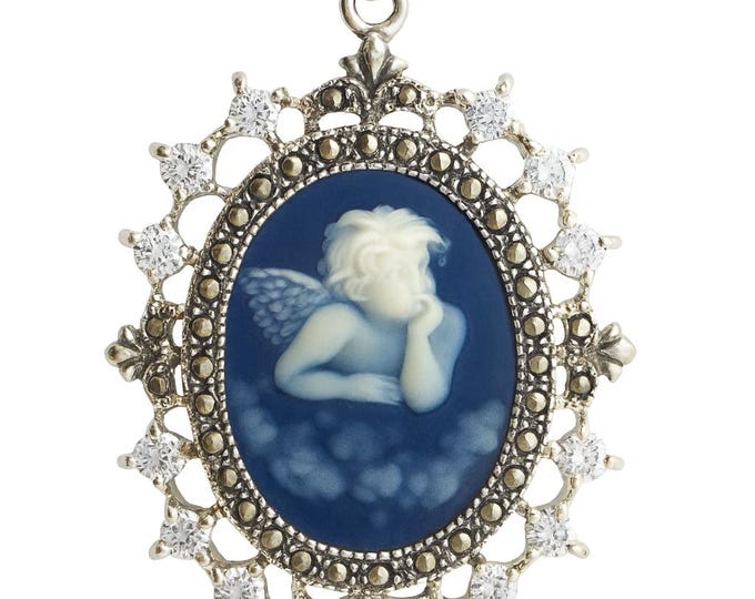 Vintage Style Silver Plated Cameo Pendant Necklace Oval Cupid with Marcasite and CZ Accents Victorian Inspired Statement Jewelry