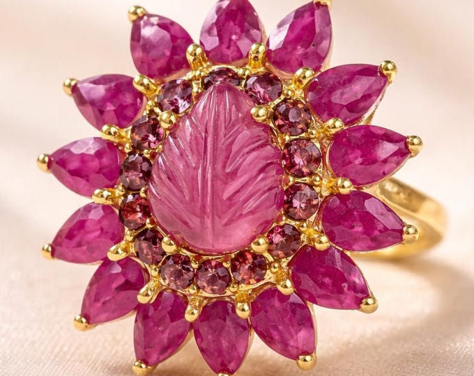 Radiant Ruby Sunburst Ring Gold Plated 925 Sterling Silver Luxury Statement Jewelry