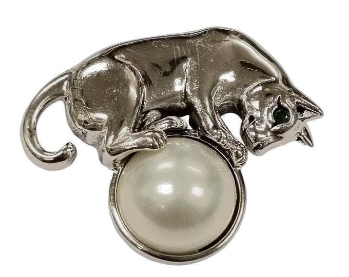 Antique Style Cat Brooch Emerald Eyes Fresh Water Pearl 925 Sterling Silver