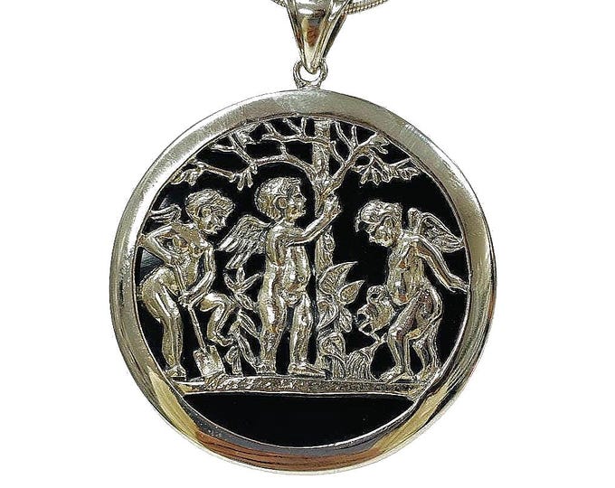 Antique Style Cupid Onyx Pendant 925 Sterling Silver