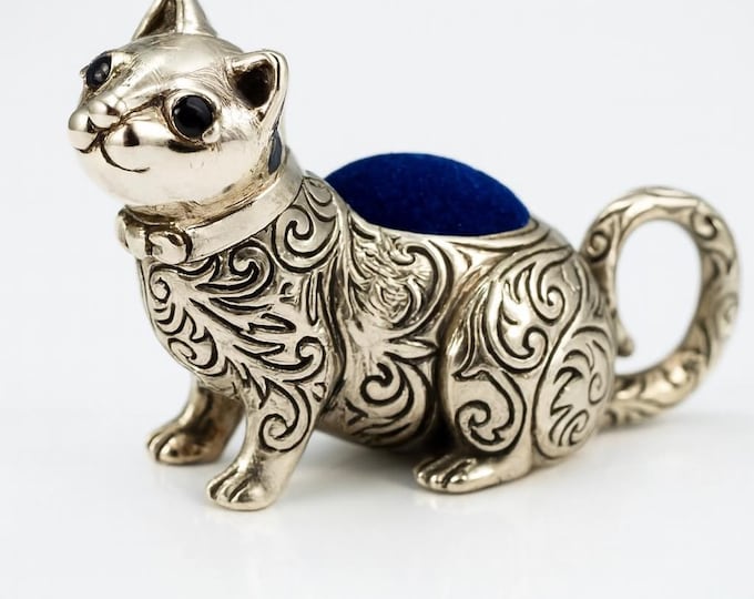 Antique Inspired Cat Pin Cushion Emerald Eyes 925 Sterling Silver