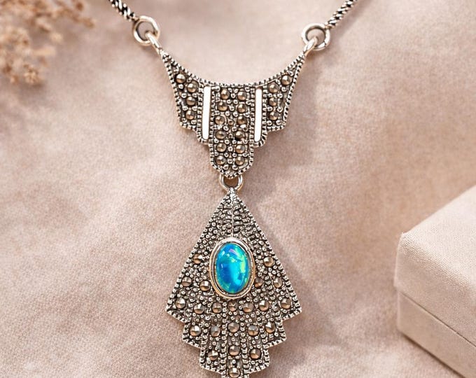 Art Deco Sterling Silver Marcasite Necklace, Opal Pendant, 16 Inch