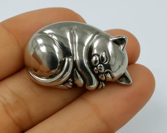 Antique Inspired Collectable Sleeping Kitten Cat Brooch 925 Sterling Silver Cat Lover Gift