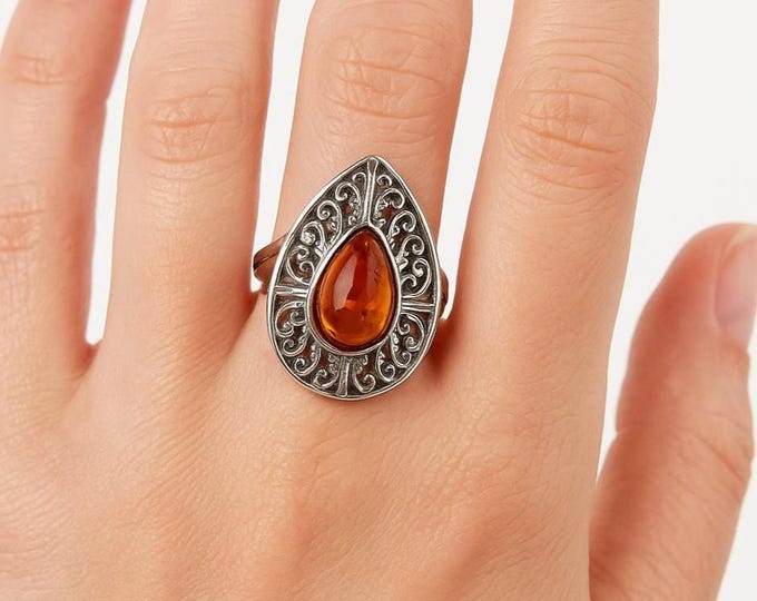 Vintage 925 Sterling Silver Filigree Amber Ring Teardrop Gemstone Statement Jewelry Honey Amber Boho Ring for Women