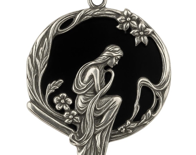 Art Nouveau Lady Pendant in 925 Sterling Silver with Black Onyx Vintage Style Goddess Necklace, Antique Inspired Jewelry for Women
