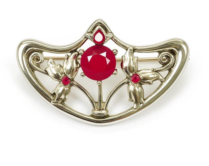Art Nouveau Style Ruby Floral Brooch Vintage Inspired Flower Pin, Elegant Jewelry Gift for Her