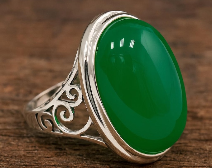 Art Nouveau Design Green Agate Statement Ring 925 Sterling Silver Hallmarked