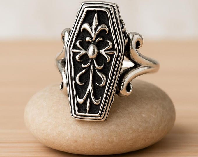 925 Sterling Silver Skeleton Coffin Ring Halloween Jewelry, Hinged Coffin Design, Unique Skeleton Statement Ring