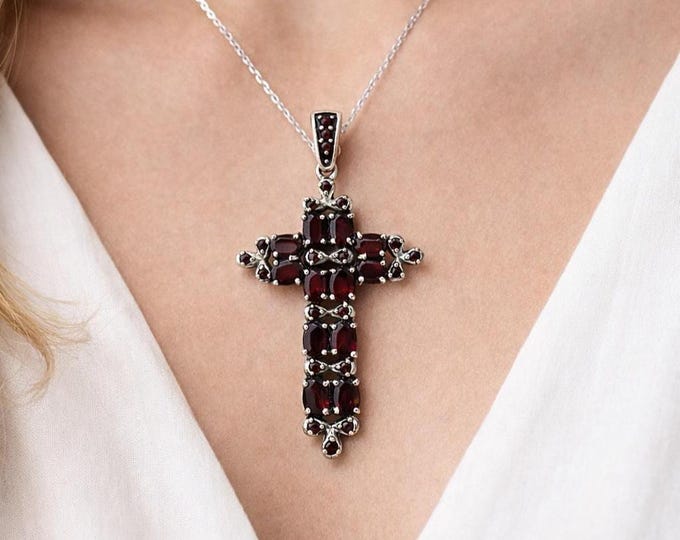 Victorian Style 925 Sterling Silver Garnet and Marcasite Cross Pendant Antique Inspired Gemstone Necklace