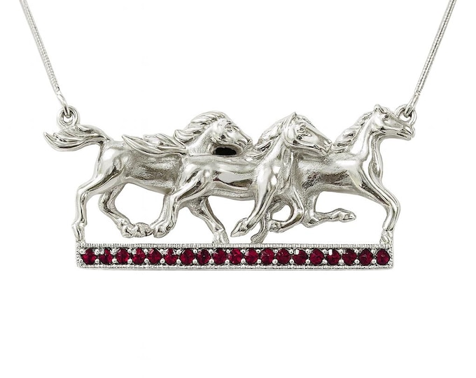 Antique Style Ruby and Emerald Horse Necklace 925 Sterling Silver Hallmarked
