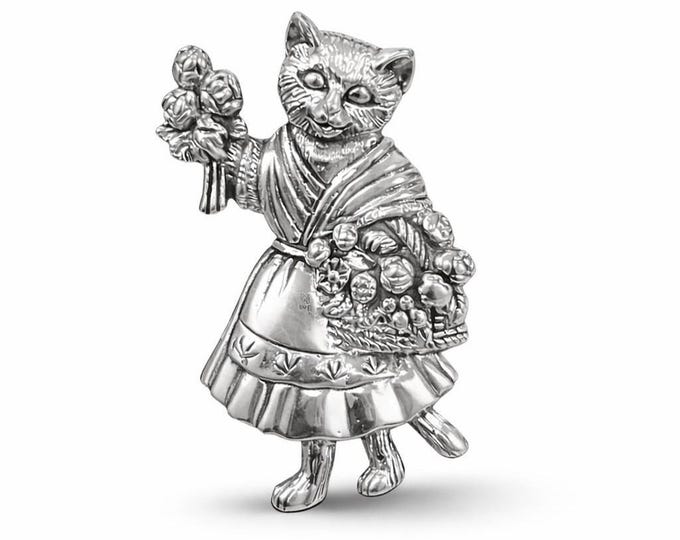 Antique Style Silver Cat Pendant with Flower Basket Victorian Animal Pendant, Whimsical Collectible