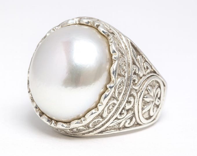 Vintage Style 925 Sterling Silver White Pearl Ring Ornate Filigree Band Bold Statement Pearl Jewelry